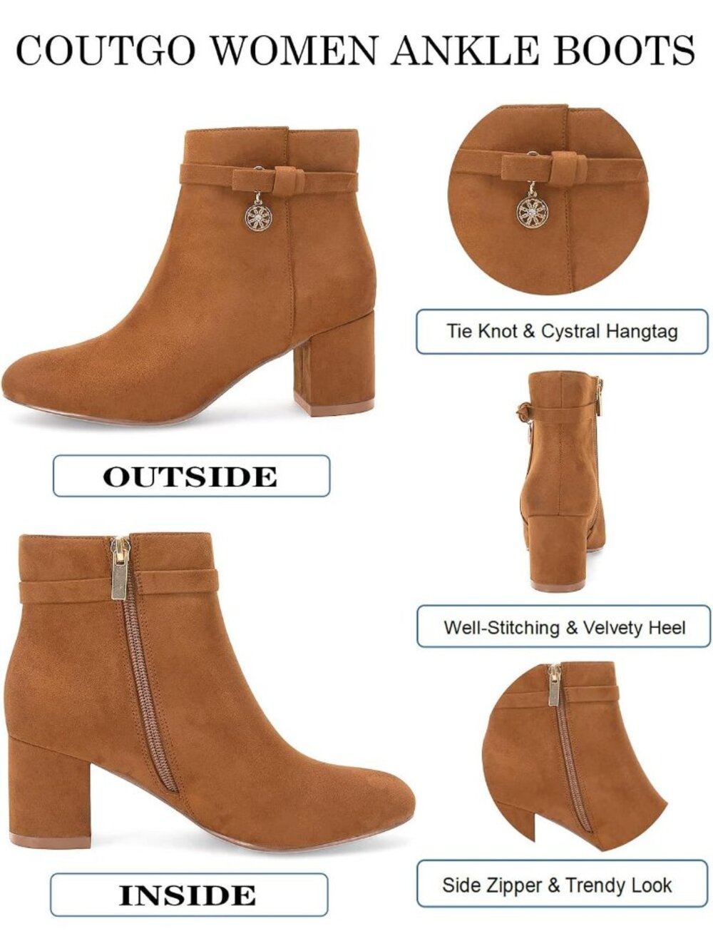 Women's Brown Suede Chunky Block Low Heel Vintage Tie Knot Side Zip Ankle Bootie - Picture 4 of 4